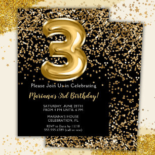 Invitation Black Gold Kids Girl 3ème anniversaire de fête Inv