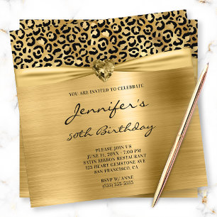 Invitation Black Gold Leopard Foil Gem Heart 50e anniversaire