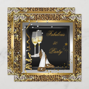 Invitation Black Gold Leopard High Heels Champagne Anniversai