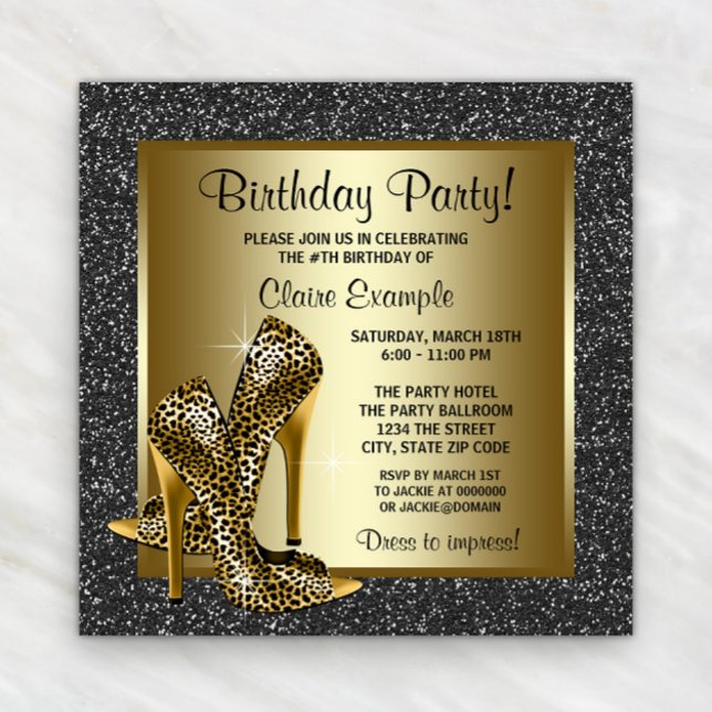 Invitation Black Gold Leopard talon haut fête d'anniversaire (Black gold leopard shoe any occasion invitation. Instant download & printed invitations available.)