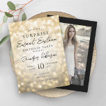 Invitation Black Gold Lights Photo SURPRISE Sweet 16<br><div class="desc">Elégant Sweet sixteen Anniversaire invitation modèle Gold Parties scintillant Lumières,  personnalisées Photo & script de typographie moderne.</div>