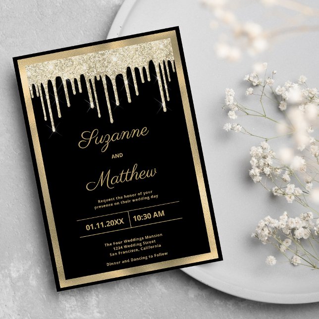 Invitation Black gold luxury glitter drips wedding (Black gold luxury glitter drips wedding)