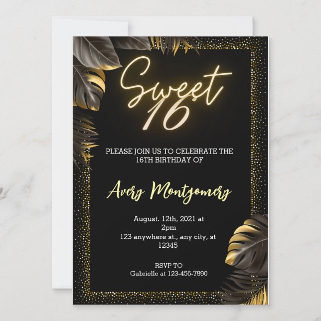 Invitation Black Gold Luxury Happy Sweet 16e anniversaire fêt (Devant)