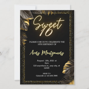 Invitation Black Gold Luxury Happy Sweet 16e anniversaire fêt