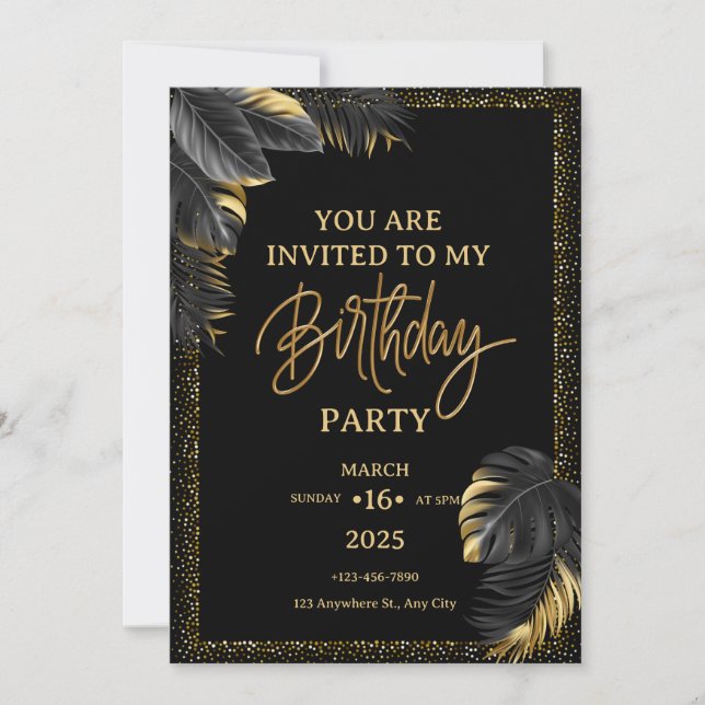 Invitation Black Gold Luxury Tropical Leaf Joyeux anniversair (Devant)