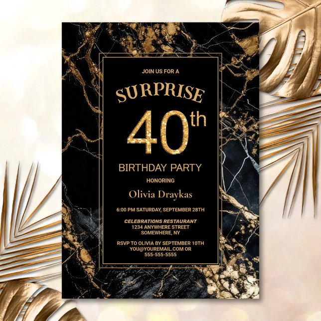 Invitation Black Gold Marble Surprise 40e fête d'anniversaire (Créateur téléchargé)