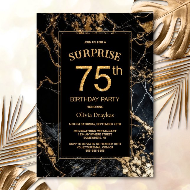 Invitation Black Gold Marble Surprise 75e fête d'anniversaire (Créateur téléchargé)