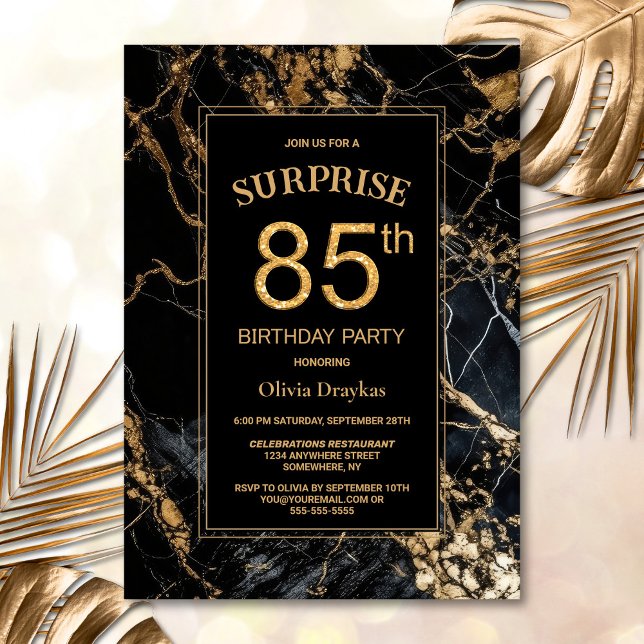 Invitation Black Gold Marble Surprise 85e fête d'anniversaire (Créateur téléchargé)