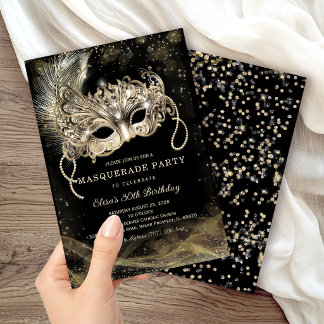 Invitation Black Gold Masquerade Birthday Party