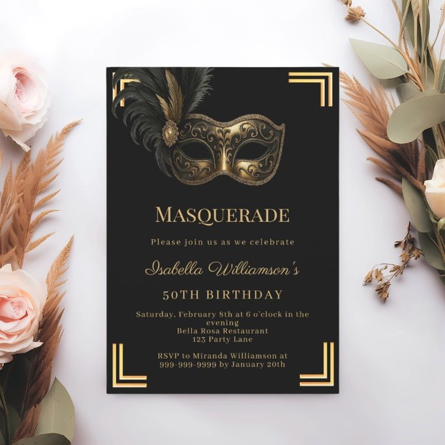 Invitation Black gold Masquerade birthday party (Créateur téléchargé)