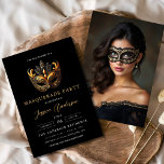 Invitation Black Gold Masquerade Party Anniversaire Photo<br><div class="desc">Cette fête de la Mascarade Noire et Or Anniversaire Photo Invitation prépare le terrain pour une célébration élégante et mystérieuse. Doté d'un luxueux design noir et or avec des détails ornés, cette invitation est parfaite pour une soirée d'anniversaire sophistiquée sur le thème de la mascarade. L'option photo personnalisable ajoute une...</div>
