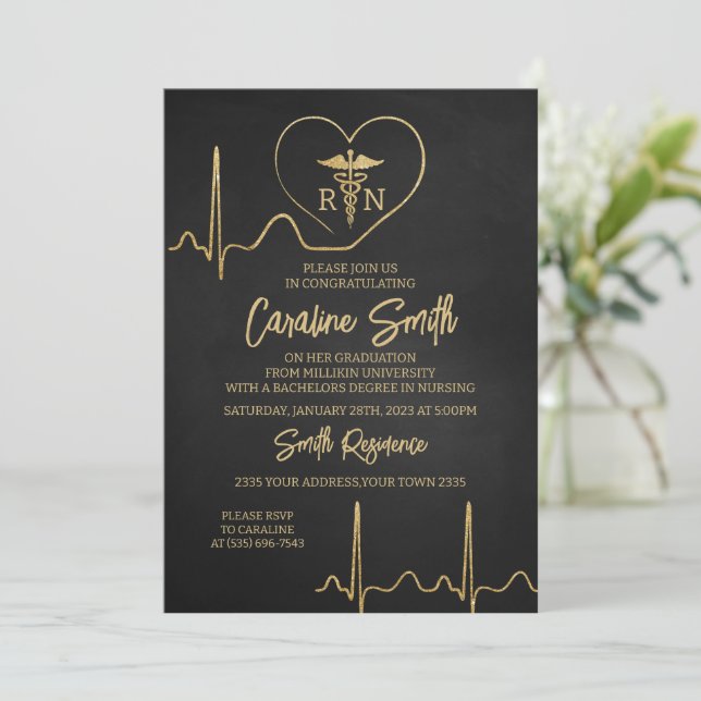 Invitation Black Gold  Medical RN Nurse Graduation (Debout devant)