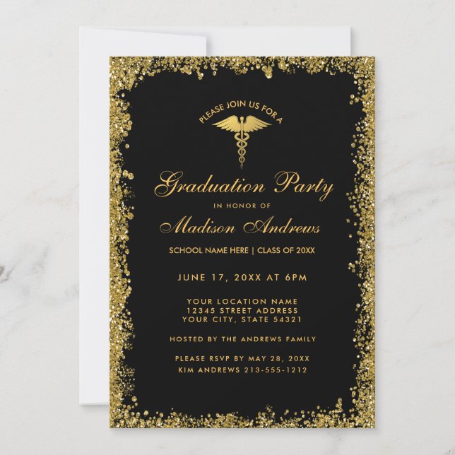 Invitation Black Gold Médicale Graduation Party (Devant)