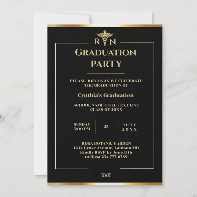 Invitation Black & Gold Médicale Graduation Party (Devant)