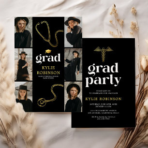 Invitation Black Gold Médicale Photo Graduation Party