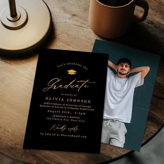 Invitation Black Gold Modern Calligraphy Photo Graduation (Black Gold Modern Calligraphy Photo Graduation Invitation)