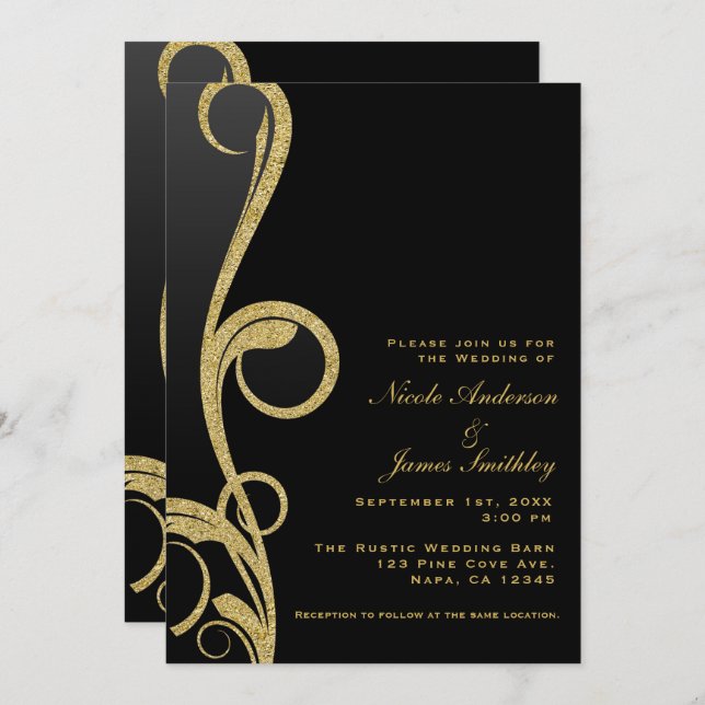 Invitation Black & Gold Modern Glam Élégant Mariage à spirale (Devant / Derrière)