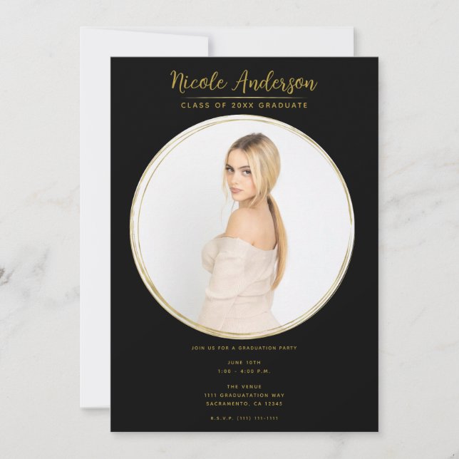 Invitation Black & Gold Modern Round Photo Party Graduation (Devant)