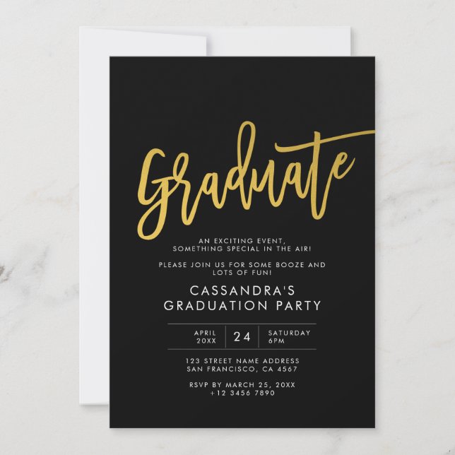 Invitation Black Gold Modern Script Graduate Party (Devant)