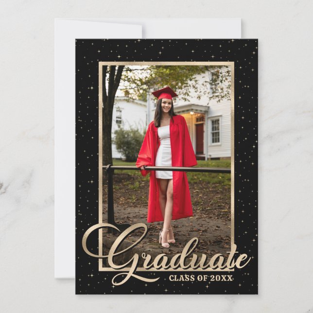 Invitation Black Gold Modern Script Photo Graduation Party (Devant)