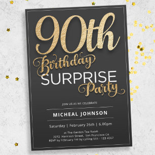 Invitation Black Gold Modern Surprise 90e fête d'anniversaire
