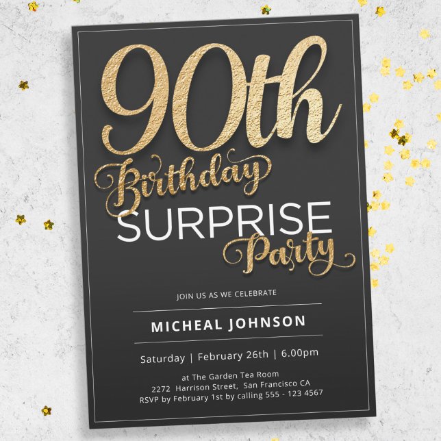 Invitation Black Gold Modern Surprise 90e fête d'anniversaire (Mockup View)