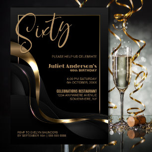 Invitation Black Gold moderne 60e fête d'anniversaire