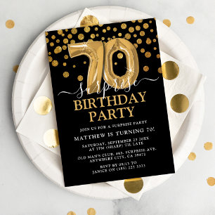 Invitation Black & Gold moderne 70e fête d'anniversaire surpr