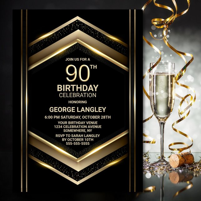 Invitation Black Gold moderne 90e fête d'anniversaire (Créateur téléchargé)