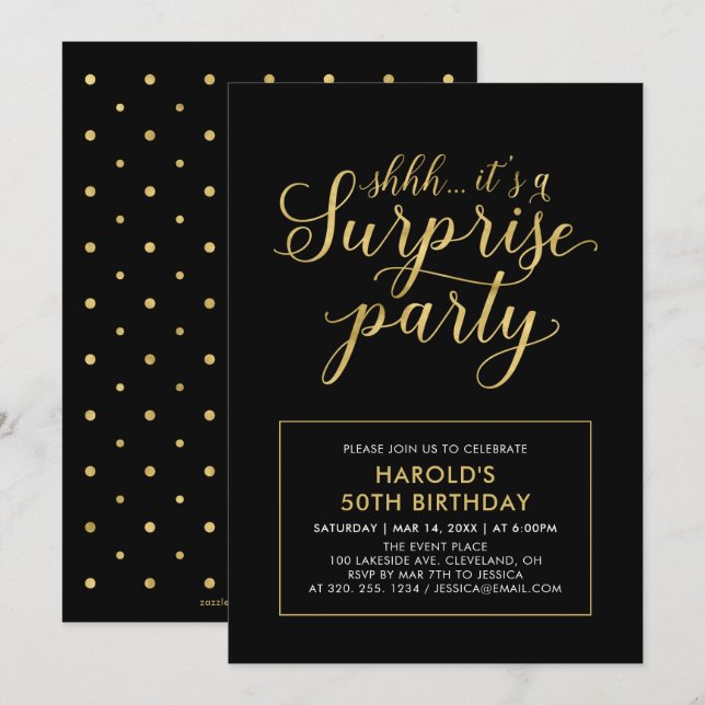 Invitation Black & Gold | Moderne fête d'anniversaire surpris (Devant / Derrière)