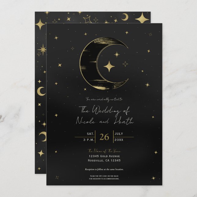 Invitation Black & Gold Moderne Lune Céleste Étoiles Mariage (Devant / Derrière)