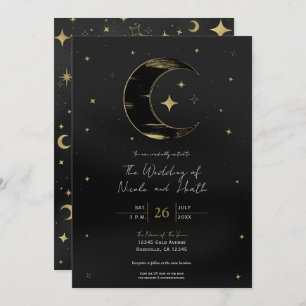 Invitation Black & Gold Moderne Lune Céleste Étoiles Mariage
