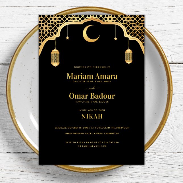 Invitation Black & Gold Nikah Wallimah Mosque Mariage islamiq (Créateur téléchargé)