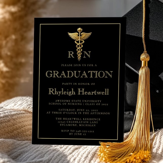 Invitation Black Gold Nurse RN Graduation Party (Créateur téléchargé)