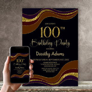Invitation Black Gold Parties scintillant 100e fête d'anniver