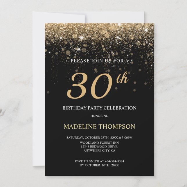 Invitation Black Gold Parties scintillant 30e anniversaire âg (Devant)