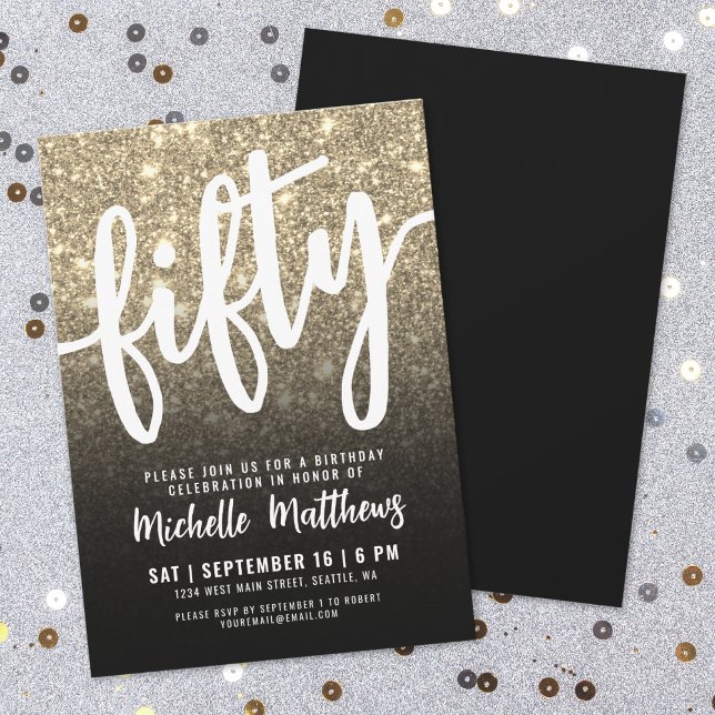 Invitation Black Gold Parties scintillant 50e anniversaire (Black Gold Glitter 50th Birthday Invitation)