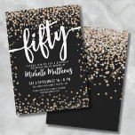 Invitation Black Gold Parties scintillant 50e anniversaire<br><div class="desc">Voici une invitation chic et festive à la fête du 50e anniversaire, parfaite pour marquer ce jalon spécial dans le style. L'élégant design associe des confettis de parties scintillant dorée et argentée, ajoutant une touche de plaisir et de fête. En haut, "Fifty" est présenté en gras calligraphie, donnant le ton...</div>