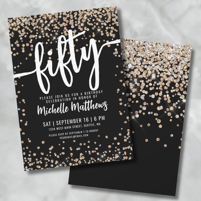 Invitation Black Gold Parties scintillant 50e anniversaire (Black Gold Glitter 50th Birthday Invitation)