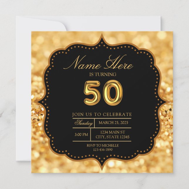 Invitation Black Gold Parties scintillant 50e anniversaire ad (Devant)