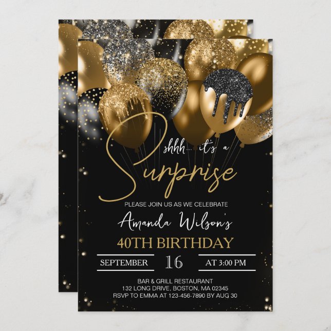 Invitation Black Gold Parties scintillant Ballons 40e Anniver (Devant / Derrière)