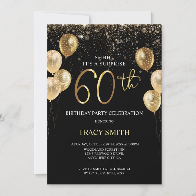 Invitation Black Gold Parties scintillant Ballons 60e Anniver (Devant)