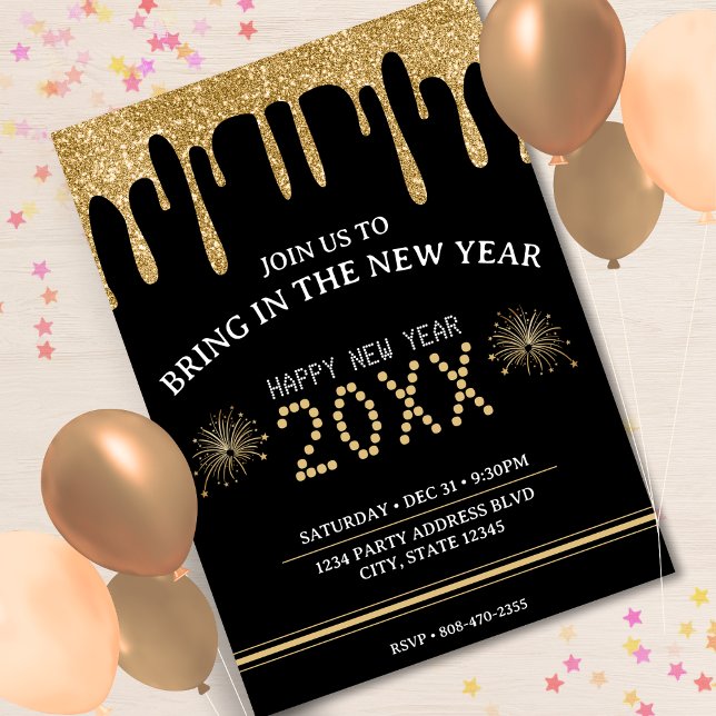 Invitation Black & Gold Parties scintillant Drip New Years Ev (Black & Gold Glitter Drip New Years Eve Party 2024 Invitation)