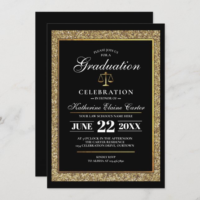 Invitation Black|Gold Parties scintillant Law School Graduati (Devant / Derrière)