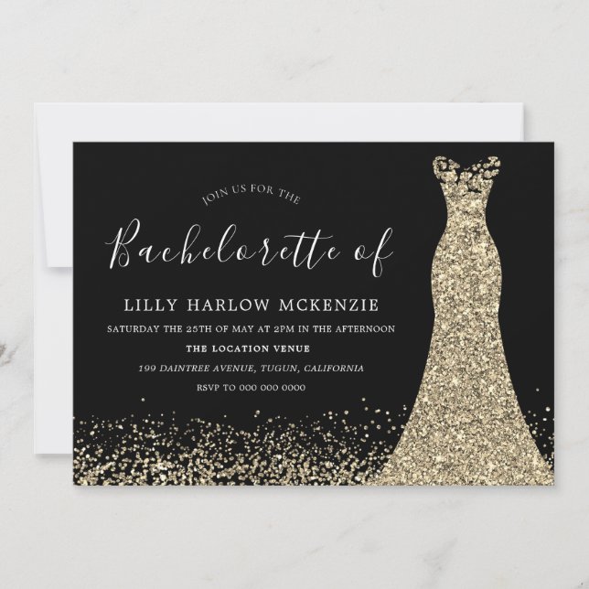 Invitation Black Gold Parties scintillant robe Bachelorette P (Devant)