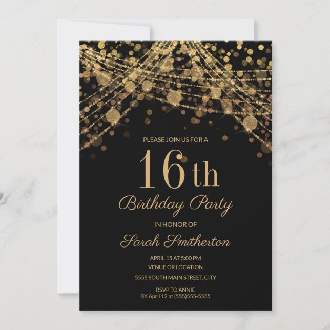 Invitation Black Gold Parties scintillant String Lights 16e a (Devant)