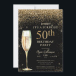 Invitation Black Gold Parties scintillant Surprise 50e fête d<br><div class="desc">Cet élégant design comprend un arrière - plan noir,  une parties scintillant dorée,  du verre de champagne et des lettres de script personnalisées. Quelle belle façon d'invitation vos invités à cette occasion spéciale.</div>