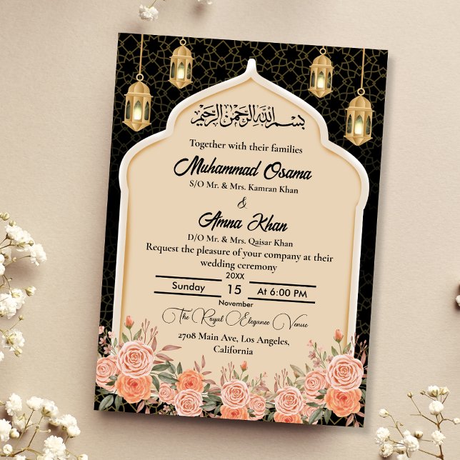 Invitation Black Gold Pêche Floral musulman Mariage arabe (Créateur téléchargé)