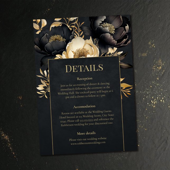 Invitation Black & Gold Peony Wedding Details Card (Black & Gold Peony Wedding Details Card on a dark vintage wedding table)