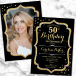 Invitation Black Gold Photo 50e anniversaire<br><div class="desc">Elégante invitation à 50ème anniversaire avec votre photo au dos de la carte. Design noir de verre avec parties scintillant d'or. Comprend une police de script et des confettis. Parfait pour une fête anniversaire adulte élégante. Personnalisez avec vos propres détails. Peut être customisé pour n'importe quel âge ! Invitations Zazzle...</div>